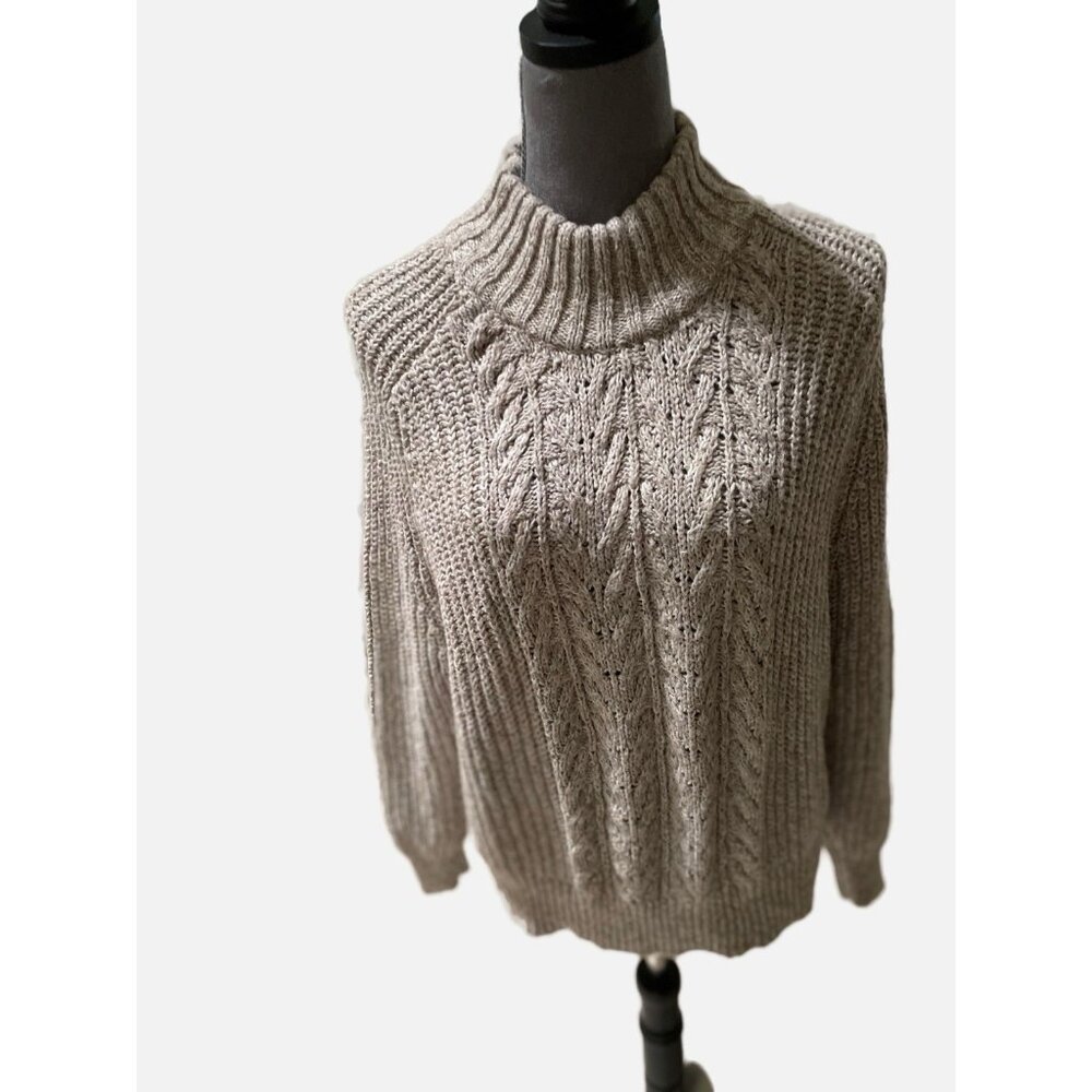 Time And Tru Women Beige High Neck Chunky Cable Sweater Pullover Size L. New